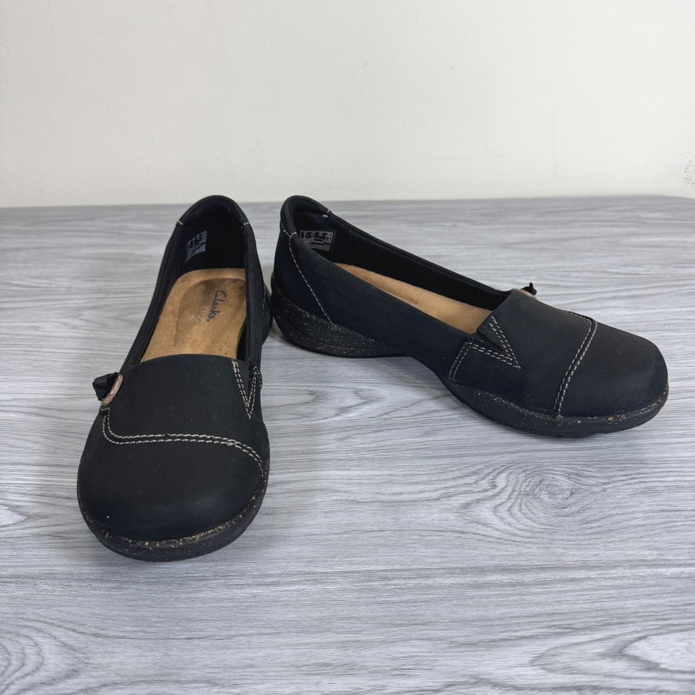 Clarks Roseville Sky Black Leather Slip On Loafers Shoes Womens 7.5